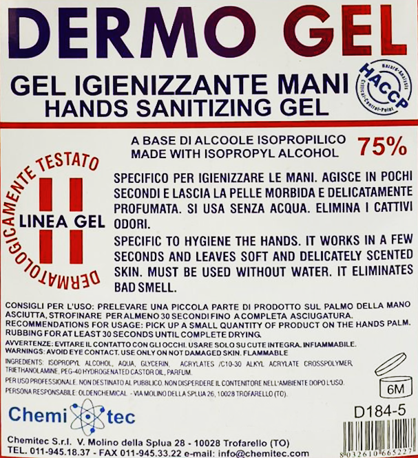 gel igienizzante mani Dermogel base alcool isopropilico al 75percento