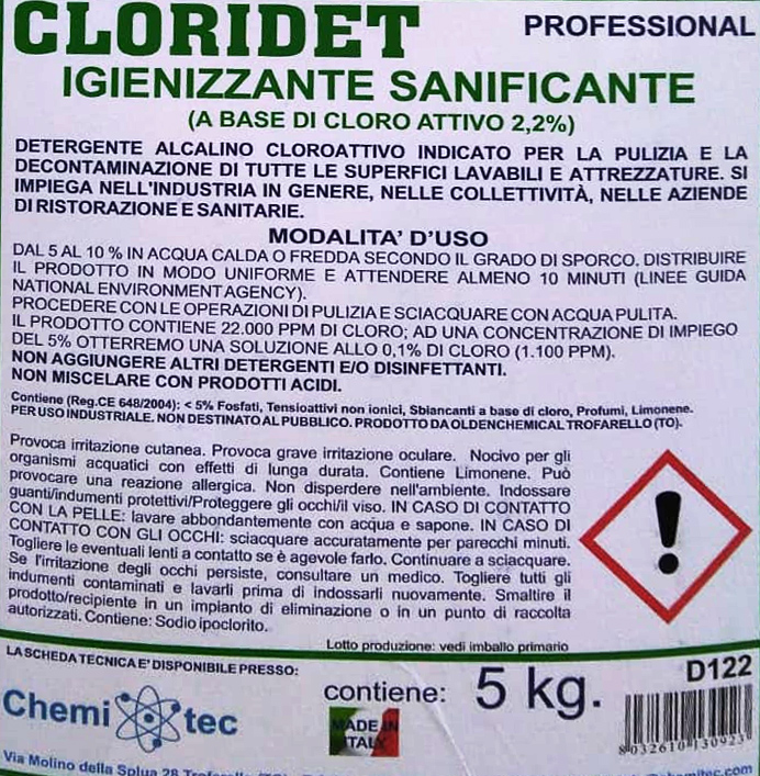 Detergente igienizzante sanificante a base cloro