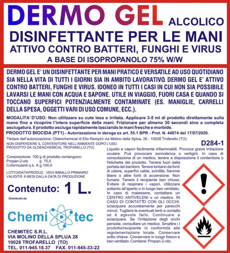 dermo gel disinfettante igienizzante alcolico 75