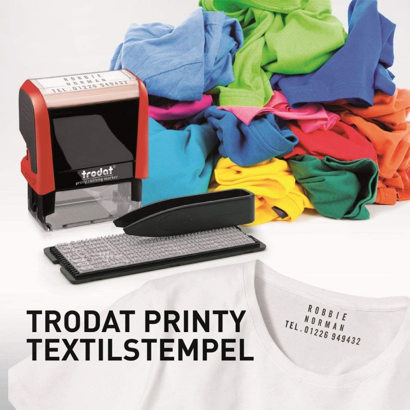 TRODAT PRINTY 4911 Clothing Marker Timbro Fai-Da-Te per Tessuti Autoinchiostrante 38 x 14 mm 3 righe di testo