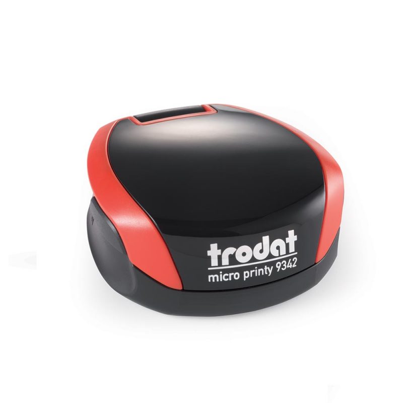 TRODAT PRINTY 9342 Timbro Autoinchiostrante Rotondo Eco Nero - Rosso Fuoco Diametro Ø 42 mm Testo a 5 righe con Cartuccia Nera